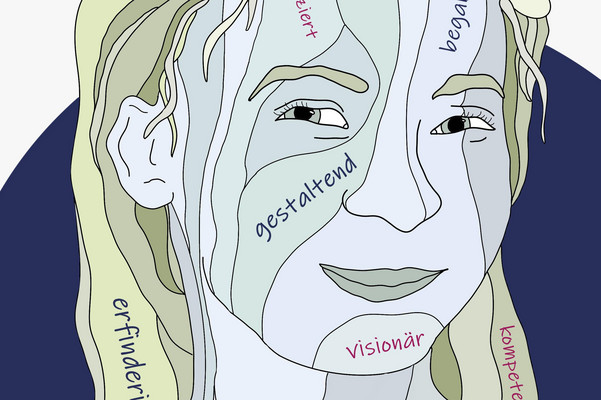 Ein Frauenkopf ist in verschiedene Partien aufgeteilt, auf denen die Wörter „gestaltend“, „visonär“, „erfinderisch“, „begabt“ und „kompetent“ zu lesen sind