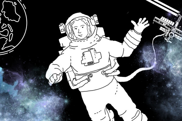 Eine Astronautin schwebt im Raumanzug durch das Weltall.