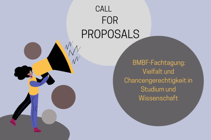 Grafik: eine Frau spricht in ein Megafon: Call for Proposals, BMBF-Fachtagung: Vielfalt und Chancengerechtigkeit in Studium und Wissenschaft